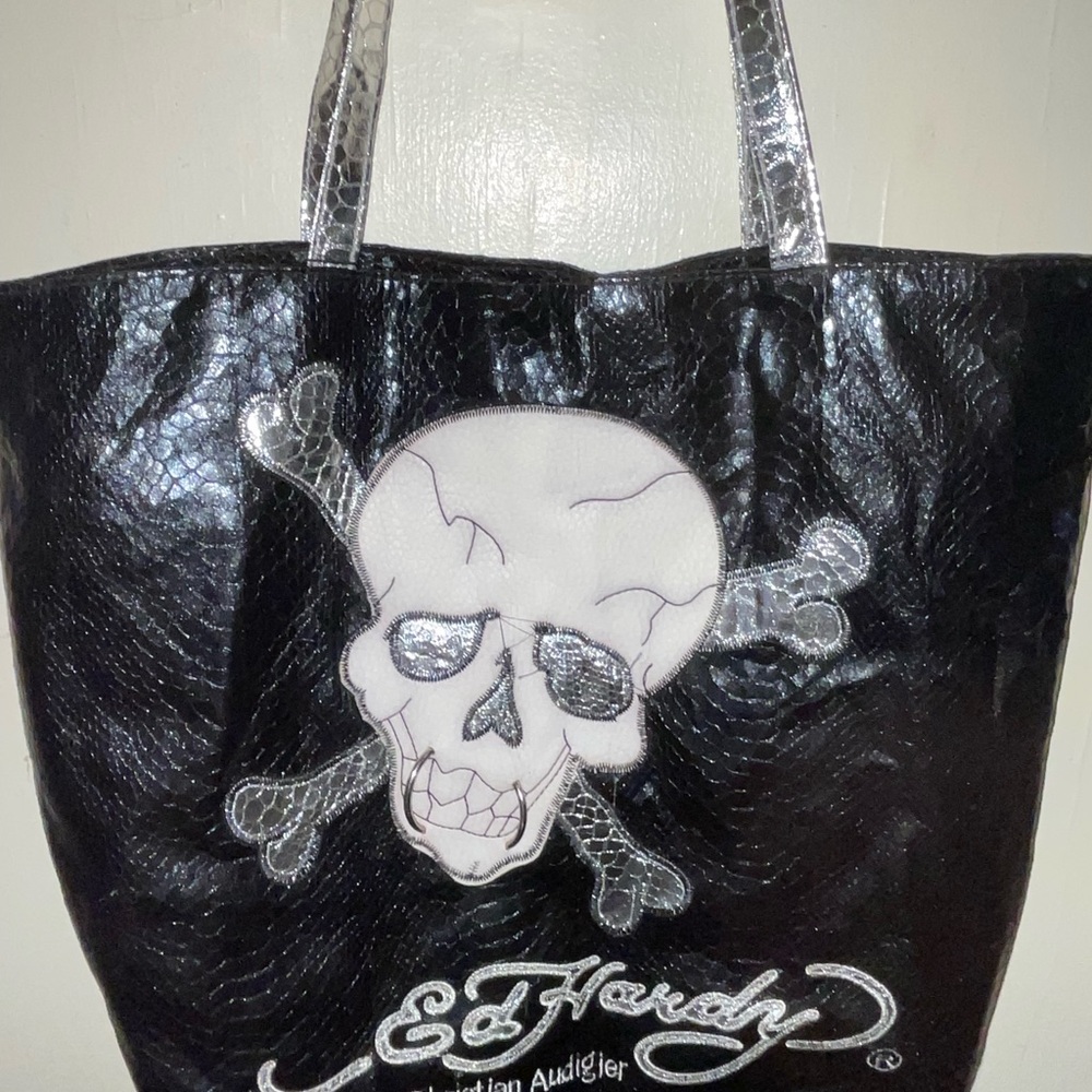 Ed Hardy Black Tote with Silver Skull Accent